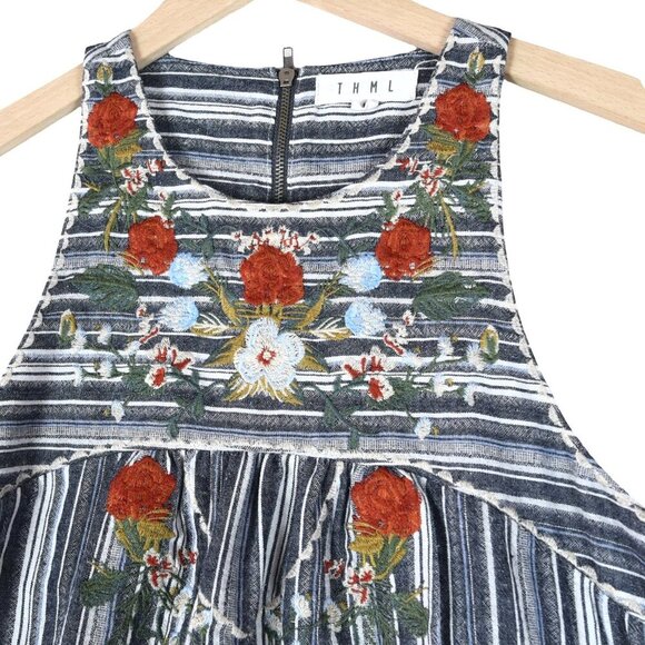 THML Embroidered Striped Sleeveless Dress Size S Navy Multi Floral Boho Festival - Picture 6 of 6